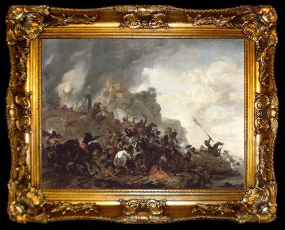 framed  Philips Wouwerman cavalry making a sortie from a fort on a hill, ta009-2